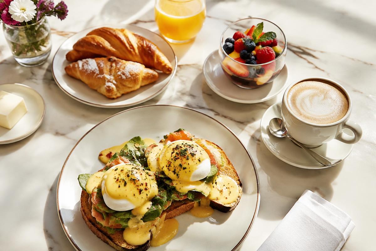 Brunch-Tisch mit Eggs Benedict, Croissants und Melange