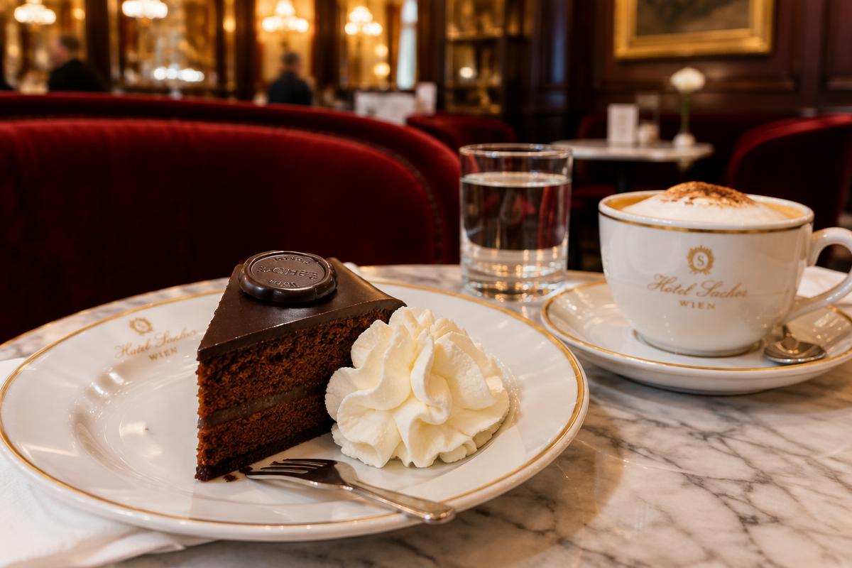 Sachertorte mit Schlagobers und Melange im Kaffeehaus