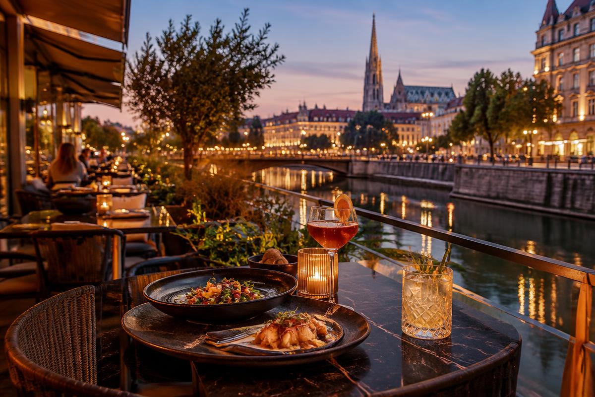 Restaurant terrace by the Danube Canal in Vienna at dusk