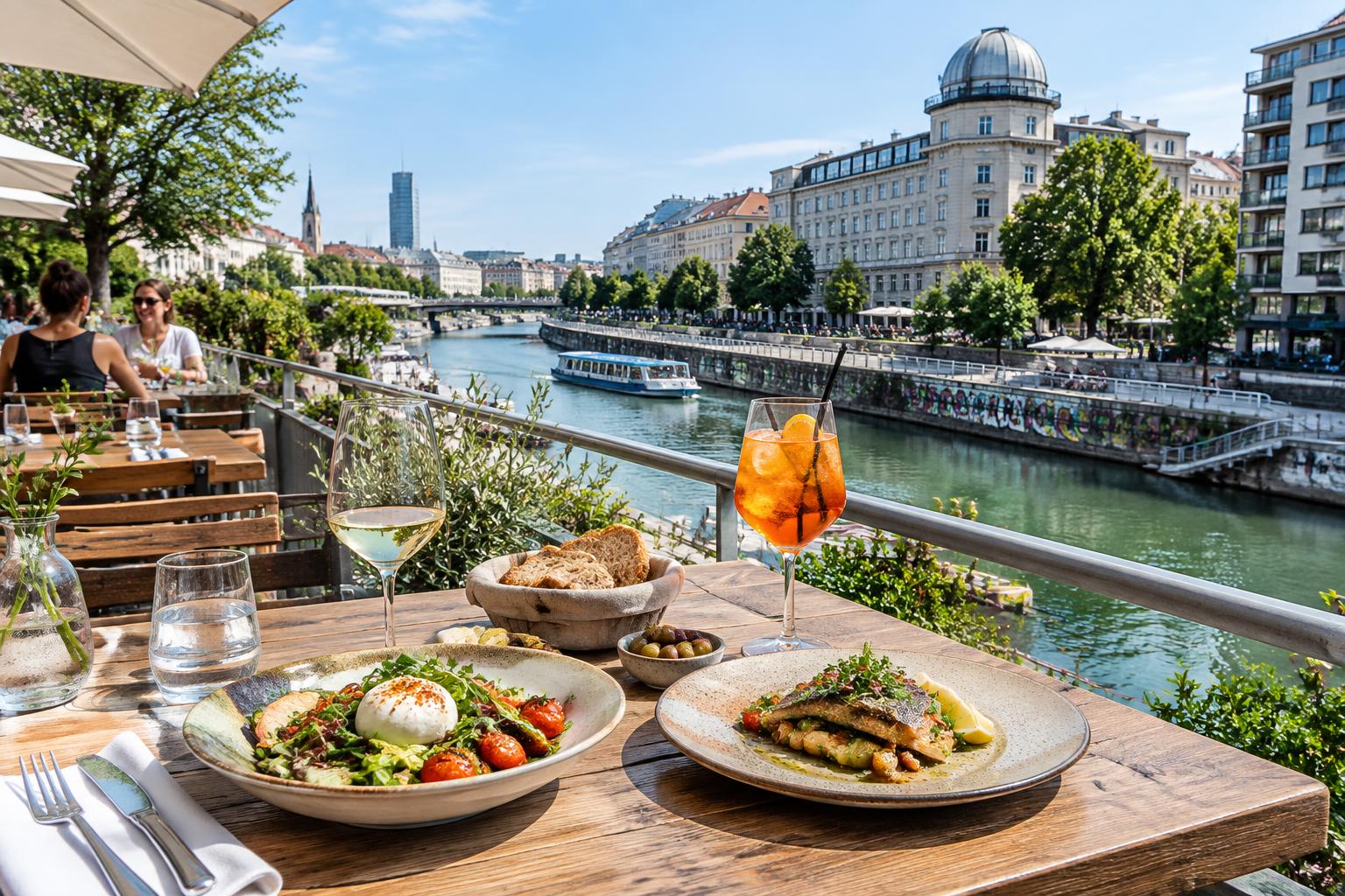 Restaurantterrasse am Donaukanal in Wien bei Sonnenuntergang