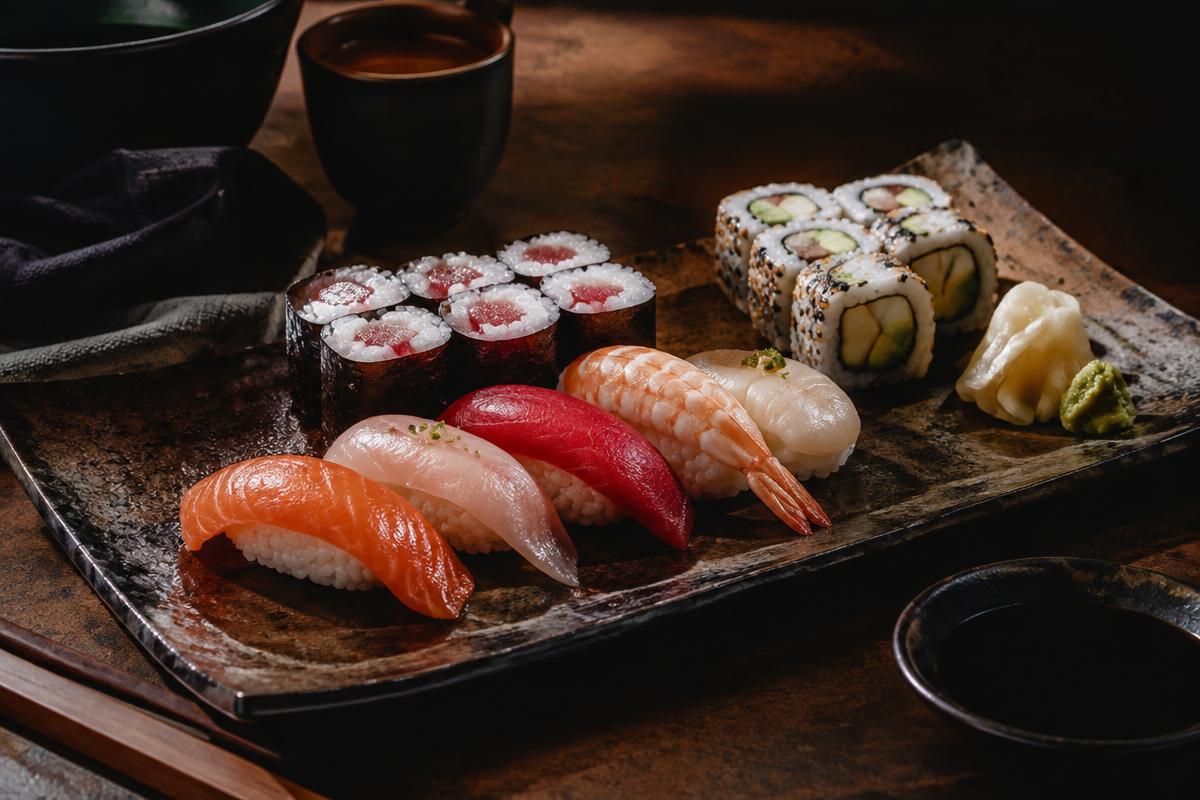 Sushi-Platte mit Nigiri und Maki in einem Wiener Sushi-Restaurant