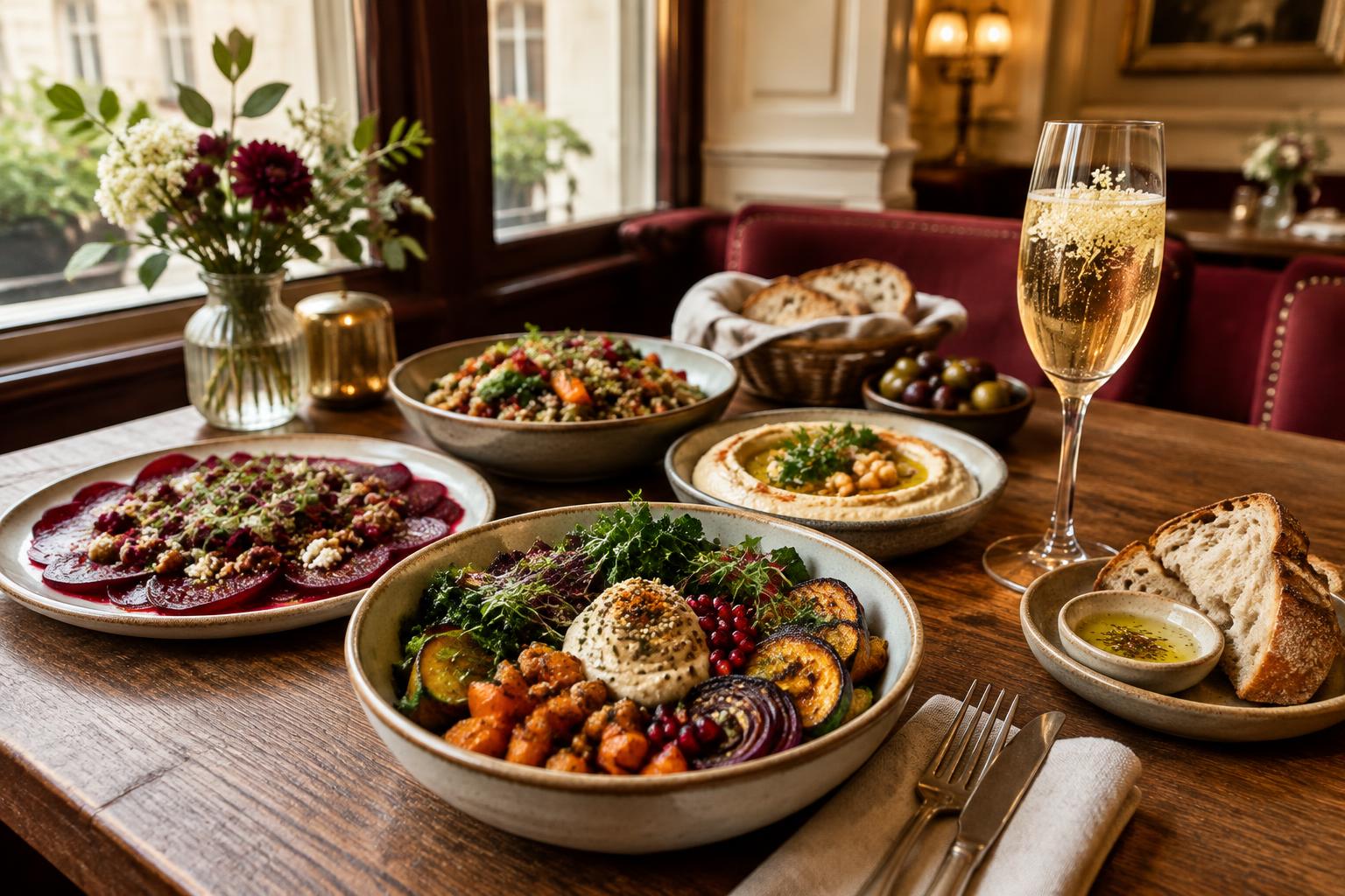 Vegane Gerichte mit Ofengemüse, Hummus und Rote-Rüben-Carpaccio in einem Wiener Restaurant